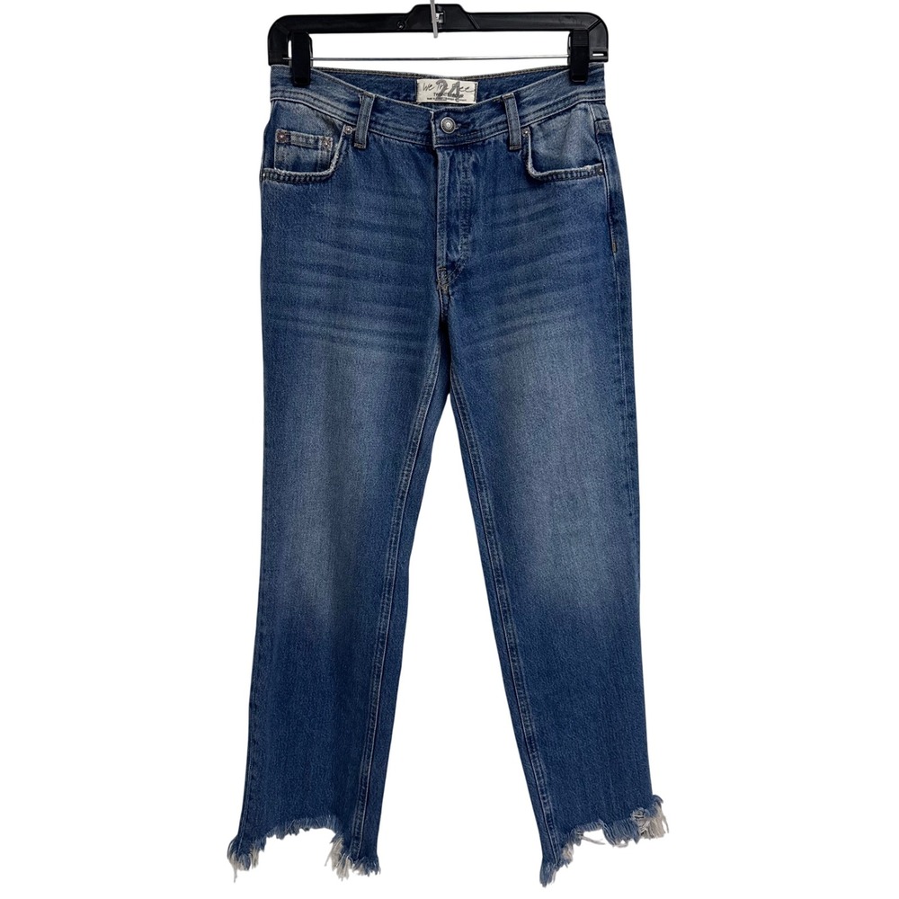 Free People High Waisted Distressed Raw Hem Jeans Medium Wash stretch cotton
